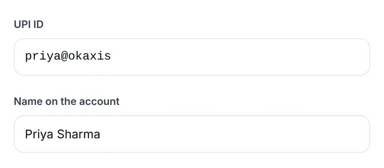 Anytime Capital product view: a UPI payout form with the recipient's UPI ID and the name on the account