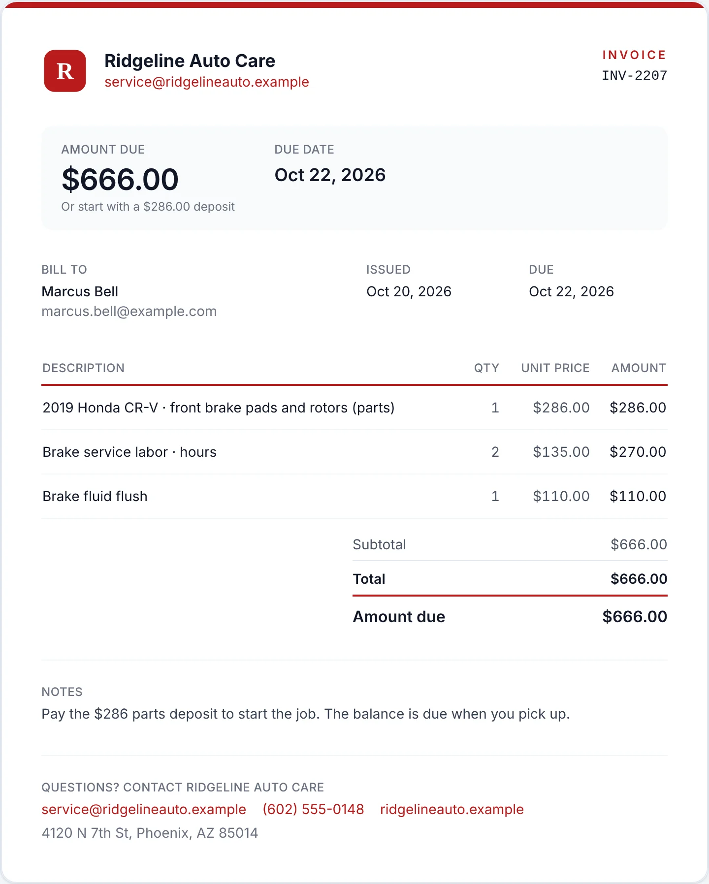 Ridgeline Auto Care invoice INV-2207 for $666, offering to start with a $286 deposit for parts
