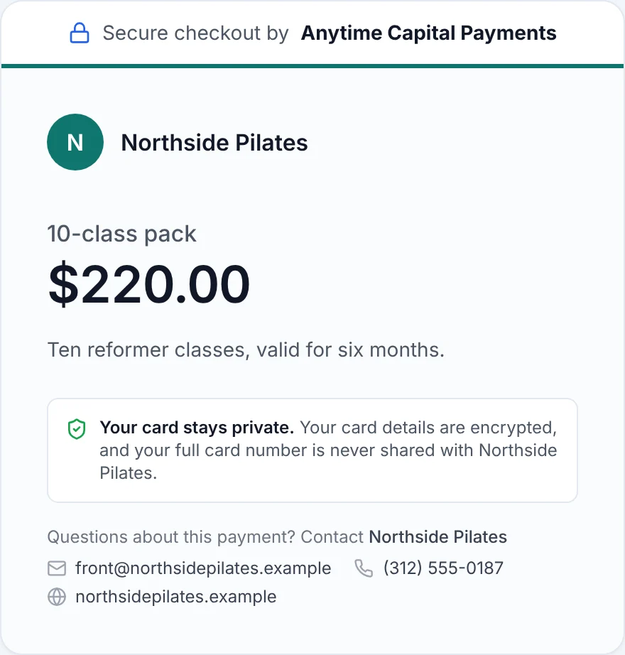 Anytime Capital checkout for a $220 ten-class pack at Northside Pilates