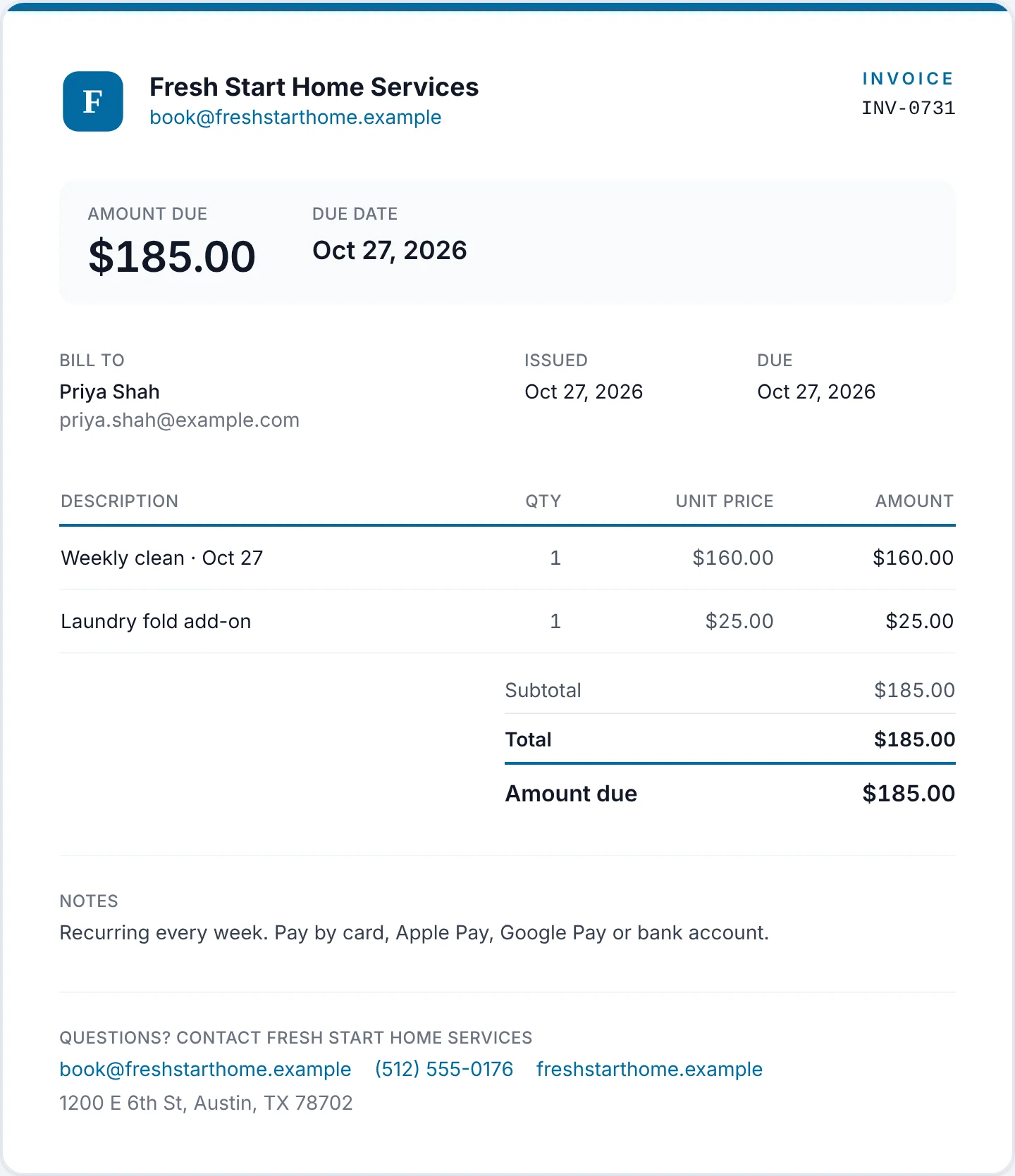 Fresh Start Home Services invoice INV-0731 for a $160 weekly clean and a laundry add-on, recurring every week