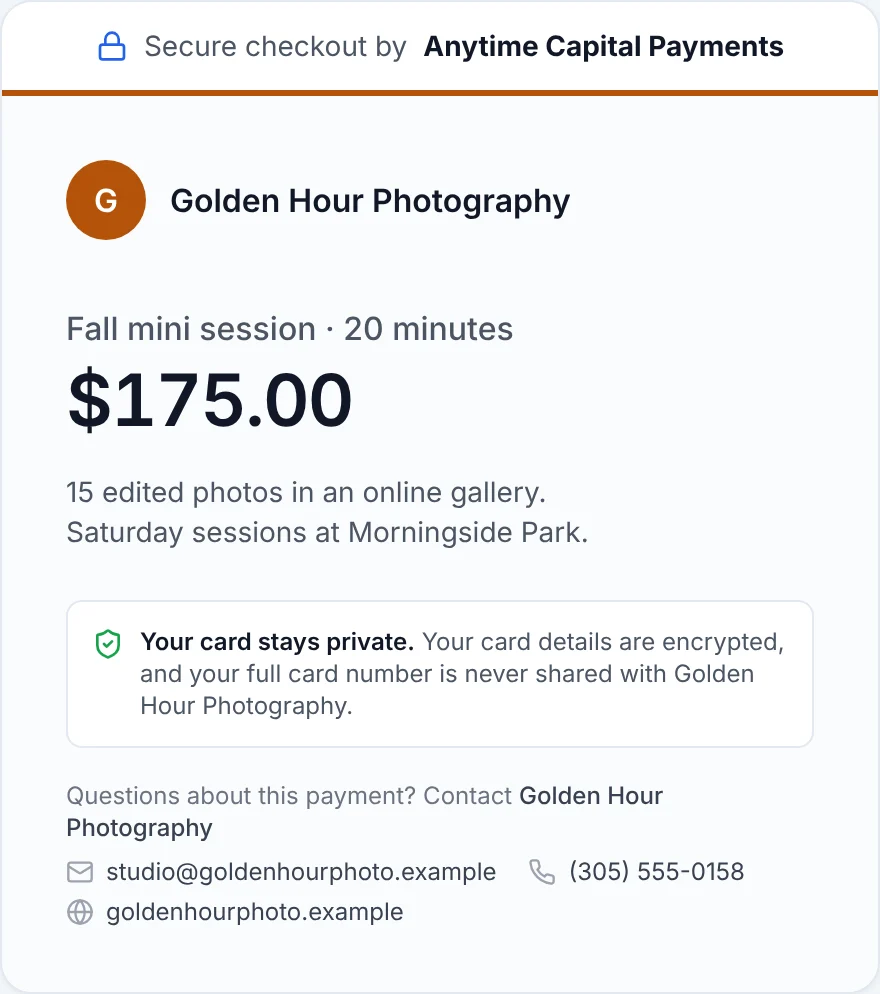 Anytime Capital checkout for a $175 fall mini session at Golden Hour Photography