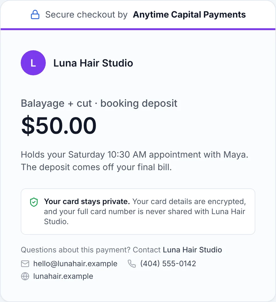 Anytime Capital checkout for a $50 booking deposit at Luna Hair Studio, with the salon's monogram and contact details
