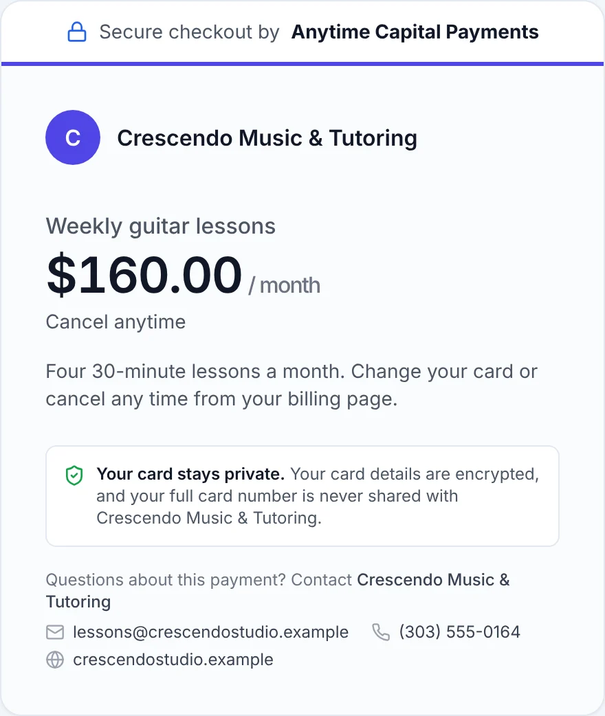 Anytime Capital checkout for weekly guitar lessons at $160 a month, cancel anytime