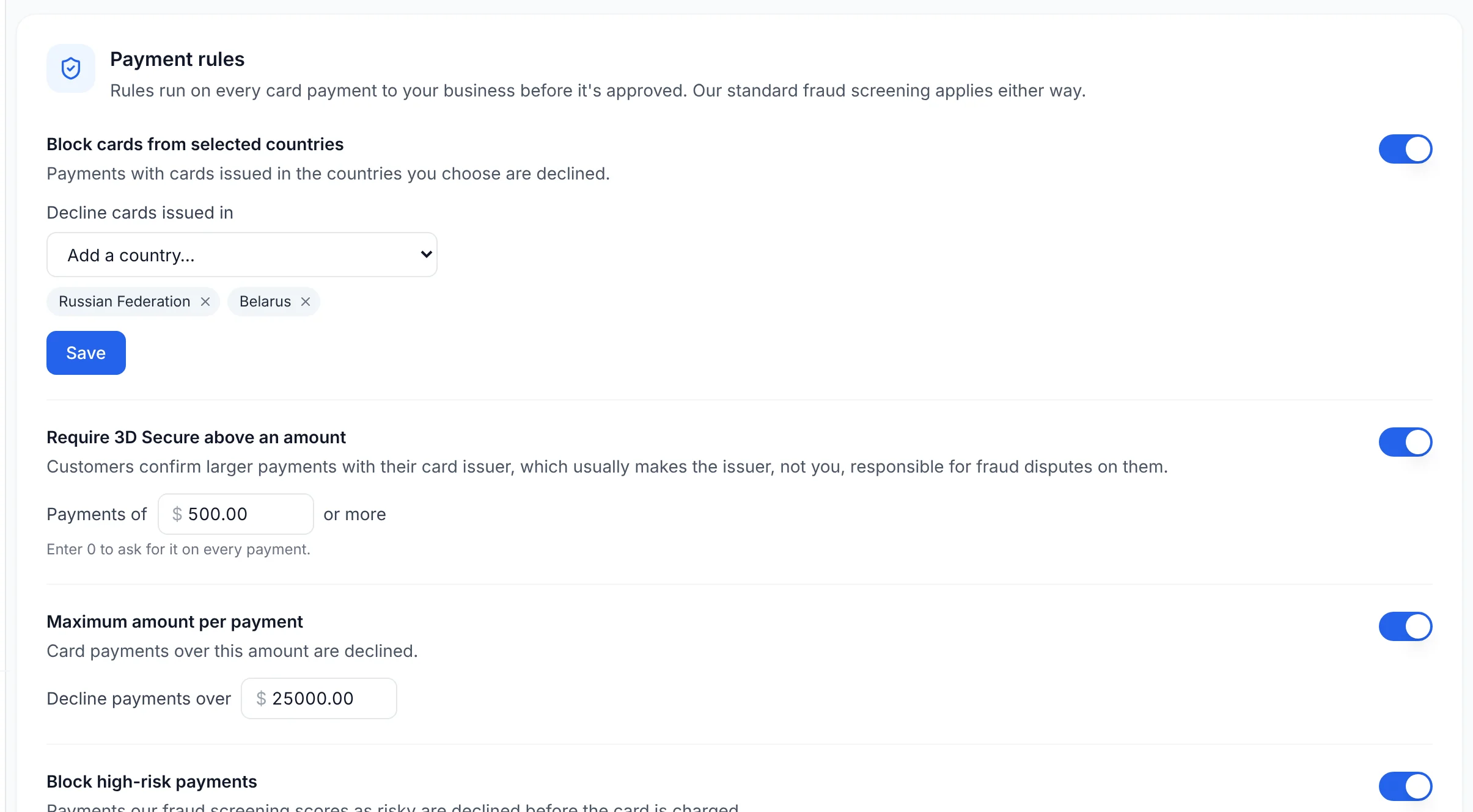Payment rules in the Anytime Capital dashboard: block card countries, require 3D Secure on payments of $500 or more, and a maximum amount per payment