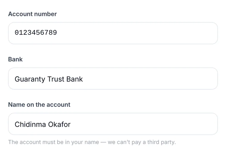 Anytime Capital product view: payout details for a local bank transfer in Nigeria, with account number, bank and name on the account, and a note that the account must be in your name