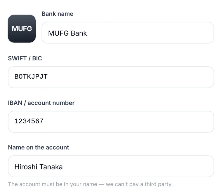 Anytime Capital Sell page asking for a bank name, SWIFT/BIC and account number