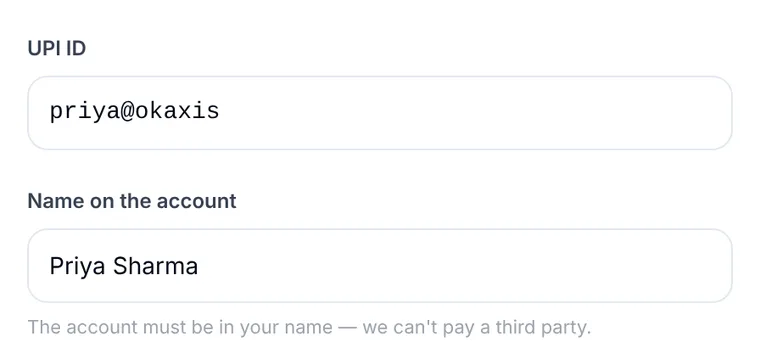 Anytime Capital Sell page asking for a UPI ID
