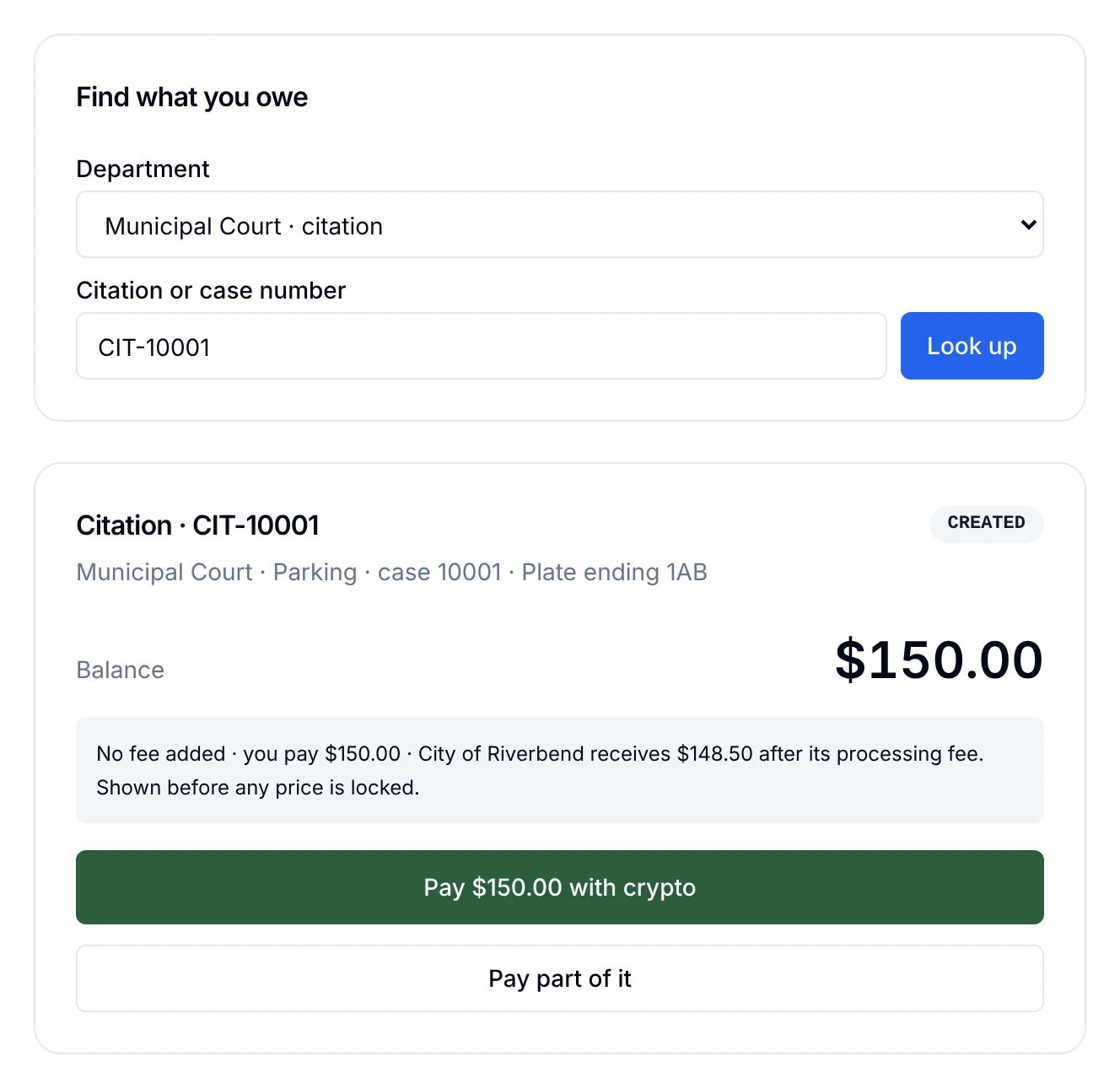 A municipal court pay page: the resident picks the court, enters citation CIT-10001 and sees a $150.00 balance with the fee disclosed before paying, in full or in part